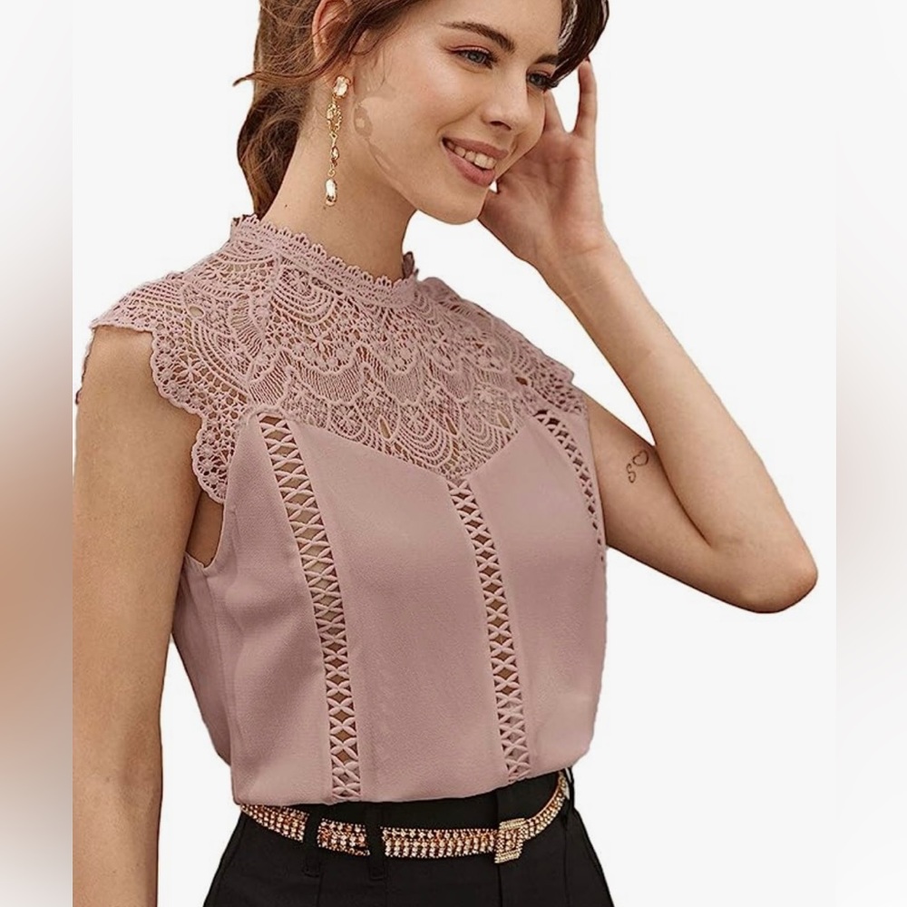 Shein Women's Elegant Cap Sleeve Keyhole Contrast Lace Blouses Tops